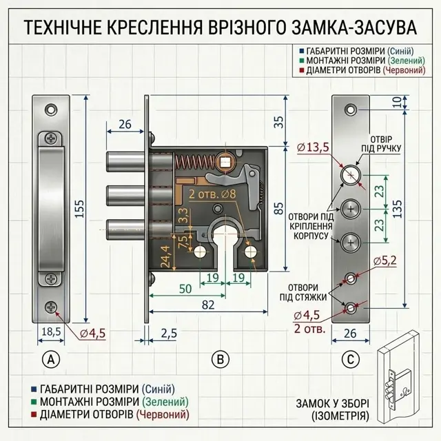 Верхній замок для металевих і дерев'яних дверей