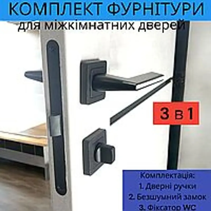 Комплект дверної ручки для міжкімнатних дверей на розетці із замком та засувкою TRION RADIANT AL-74 Black чорний