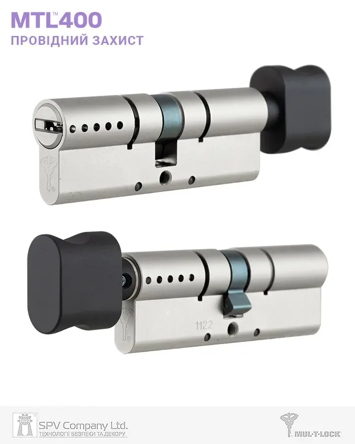 Циліндр MUL-T-LOCK MTL400 ClassicPRO 110 мм (60x50T) · ключ-тумблер (T — сторона поворотника) · нікель-сатин · поворотник бронза-мат