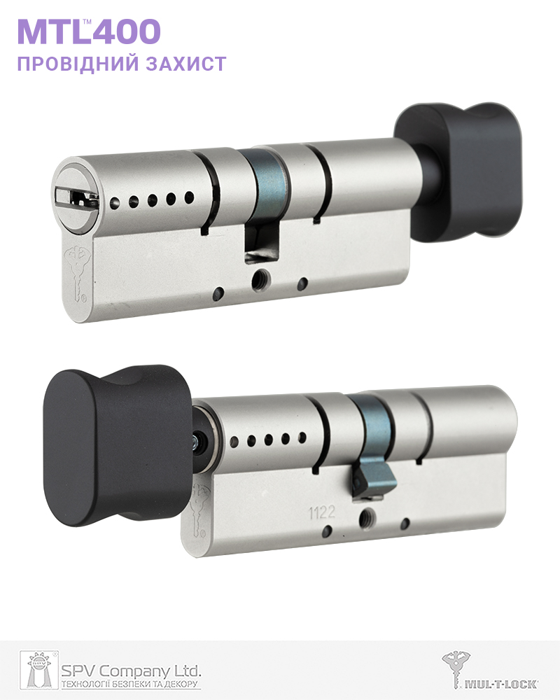 Циліндр MUL-T-LOCK MTL400 ClassicPRO 110 мм (60x50T) · ключ-тумблер (T — сторона поворотника) · нікель-сатин · поворотник бронза-мат