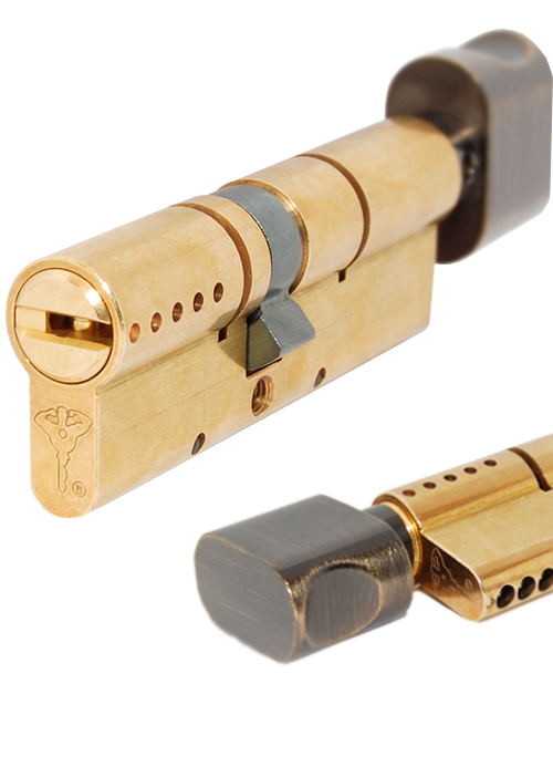 Циліндр MUL-T-LOCK MTL600 Interactive+ 62 мм (27x35T) · ключ-тумблер (T — сторона поворотника) · латунь · поворотник антична латунь